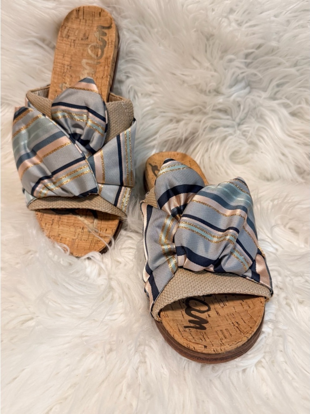 Sam‎ Edelman  size 7.5 M Heidi   Knot Front Slide Sandals in Blue & Beige Stripe